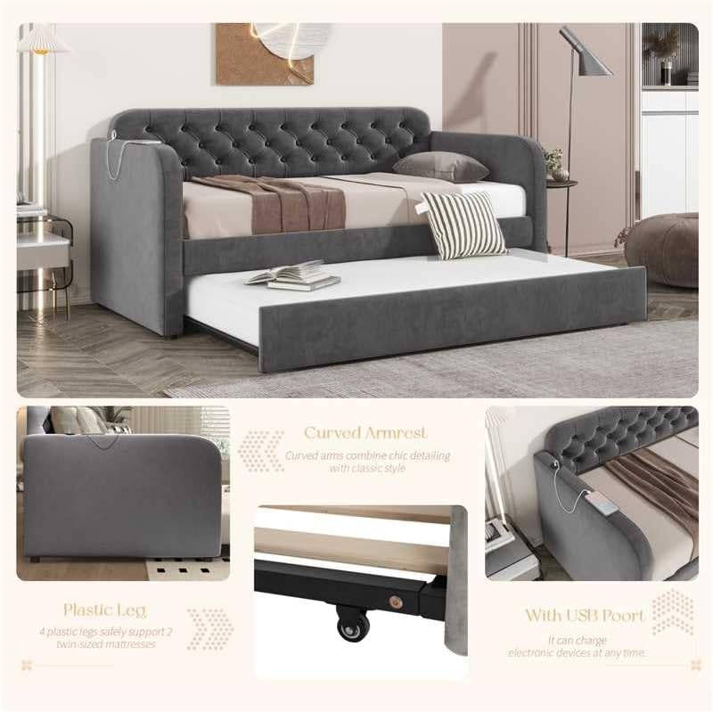 Dark Grey Velvet Twin Daybed with Trundle & USB