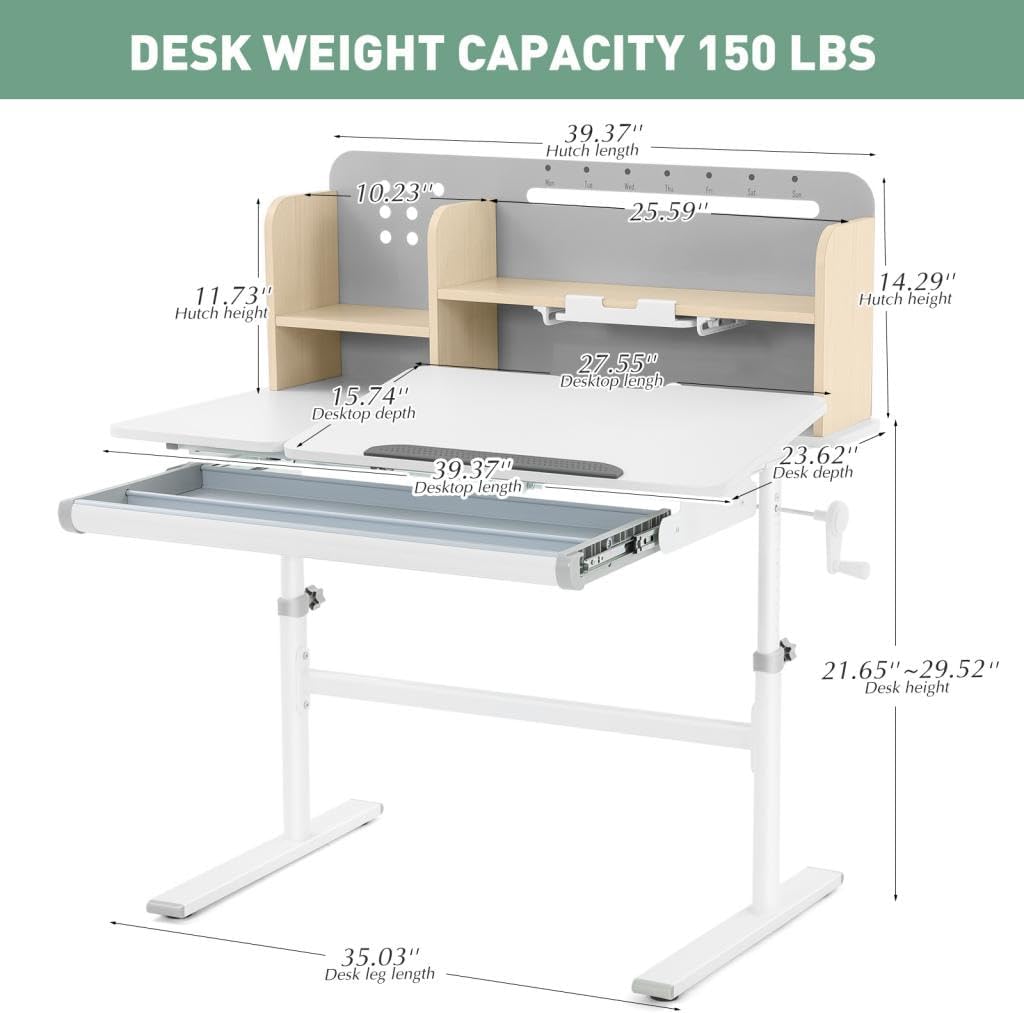 Gray Tilting Kids Study Desk with Hutch