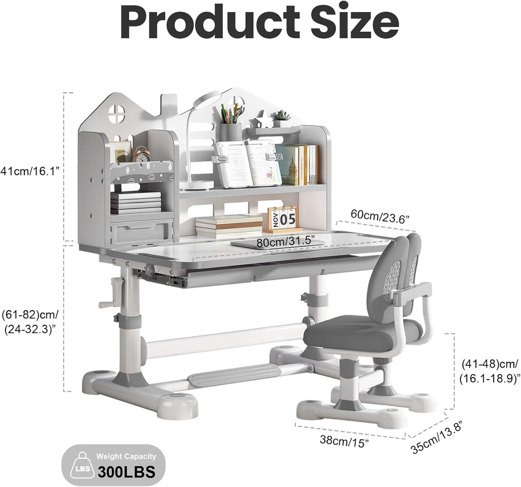 Grey Crank‑Adjustable Kids Desk‑Chair Set
