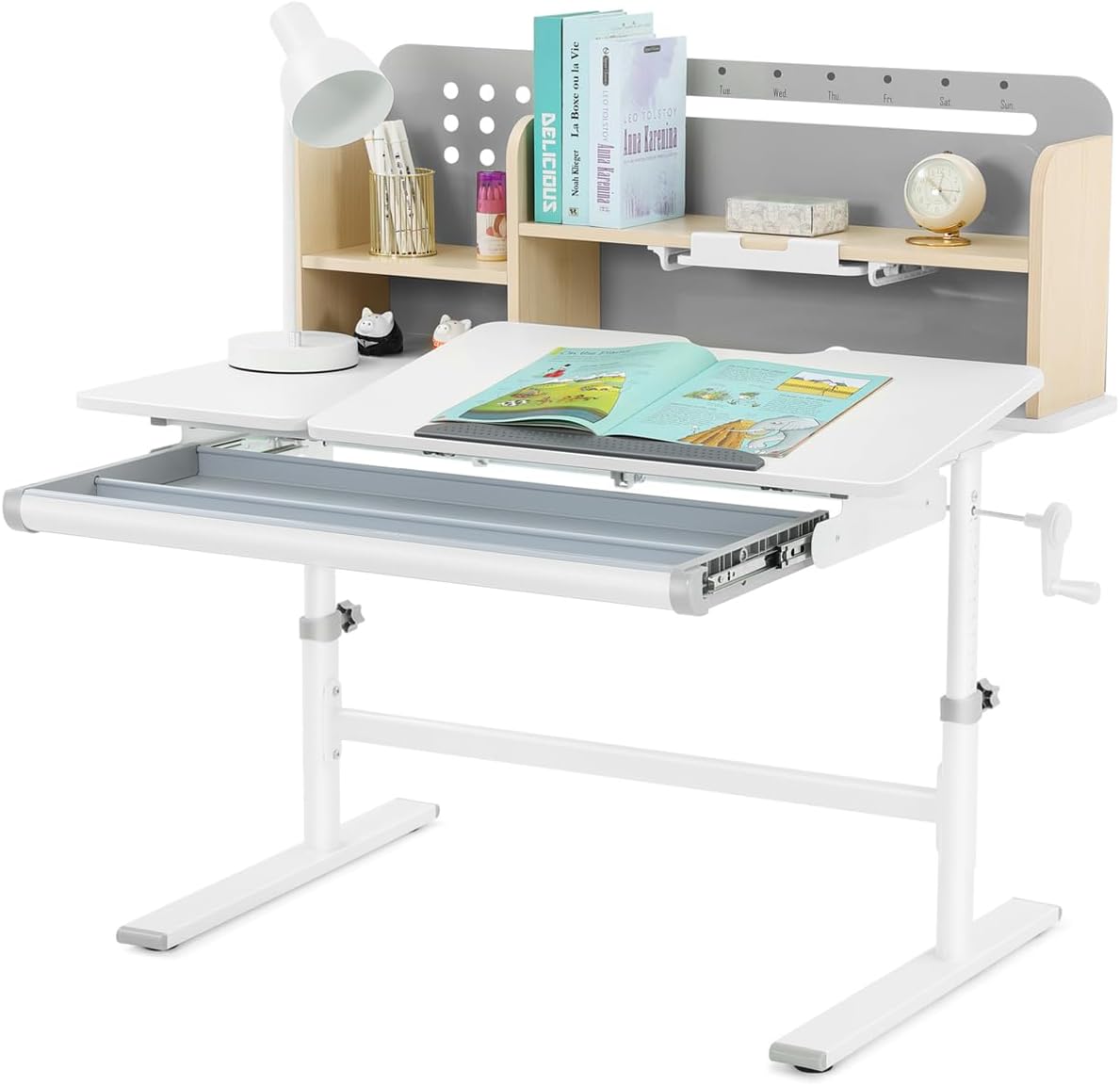 Gray Tilting Kids Study Desk with Hutch