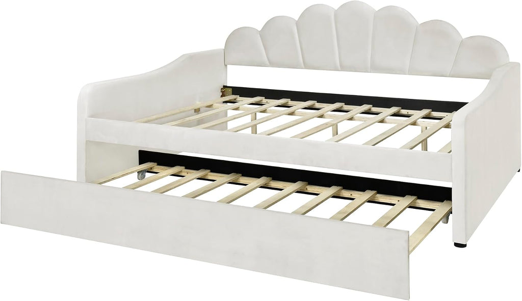 Beige Velvet Full Daybed with Trundle