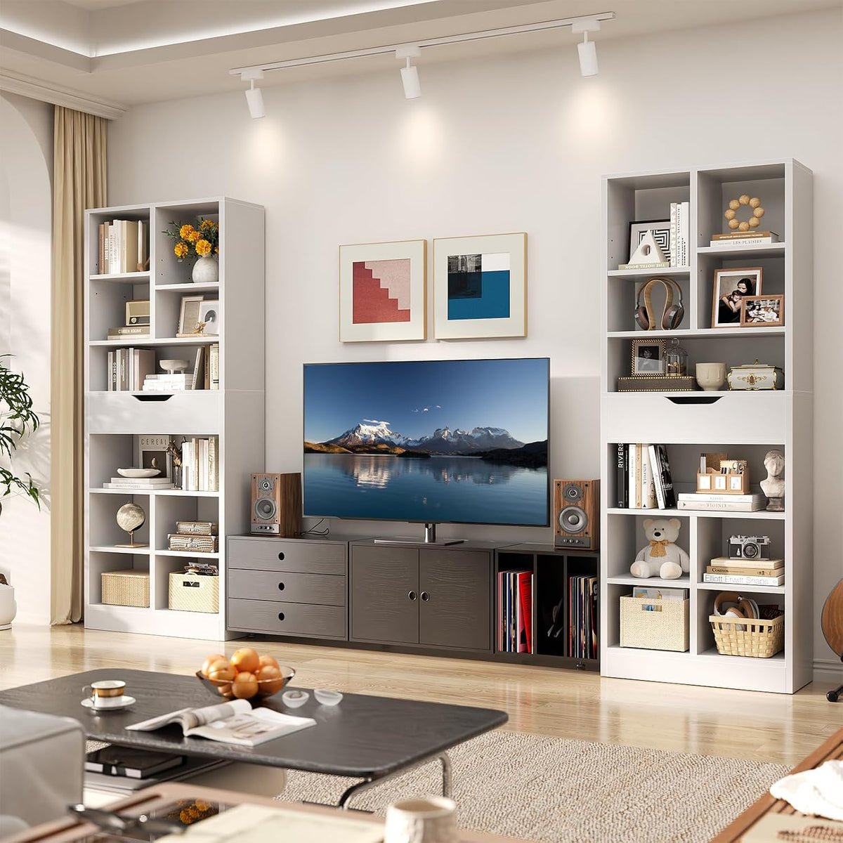 White Tall Drawer Display Bookcase