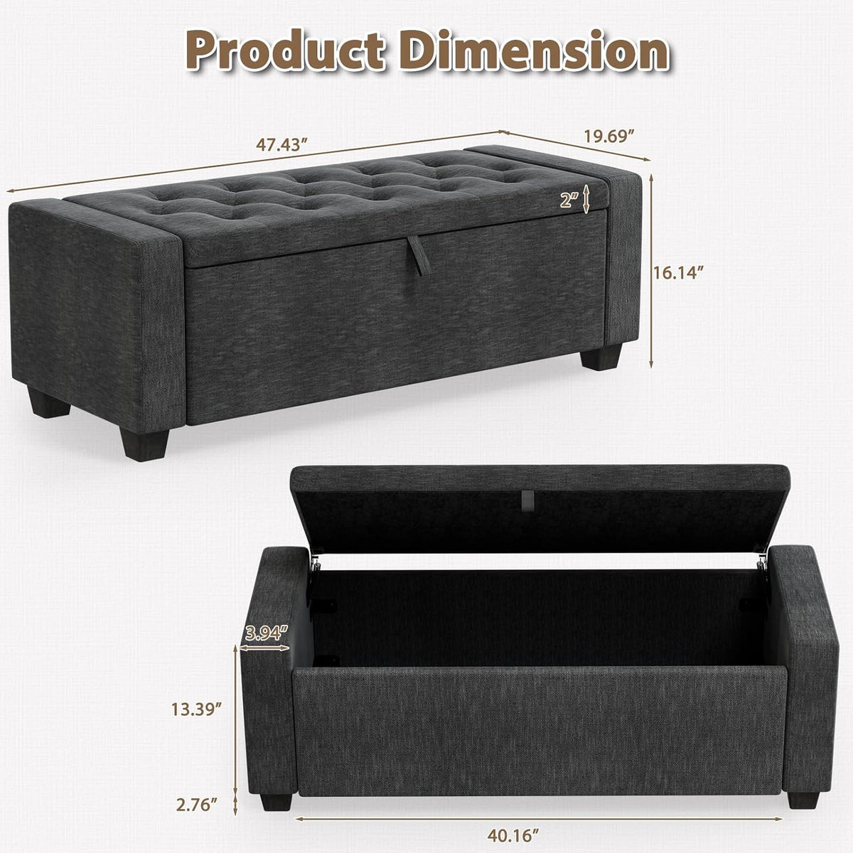 Dark Gray Storage Ottoman Bench