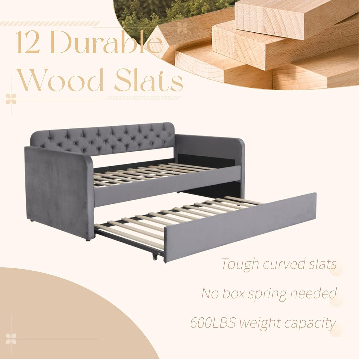 Dark Grey Velvet Twin Daybed with Trundle & USB