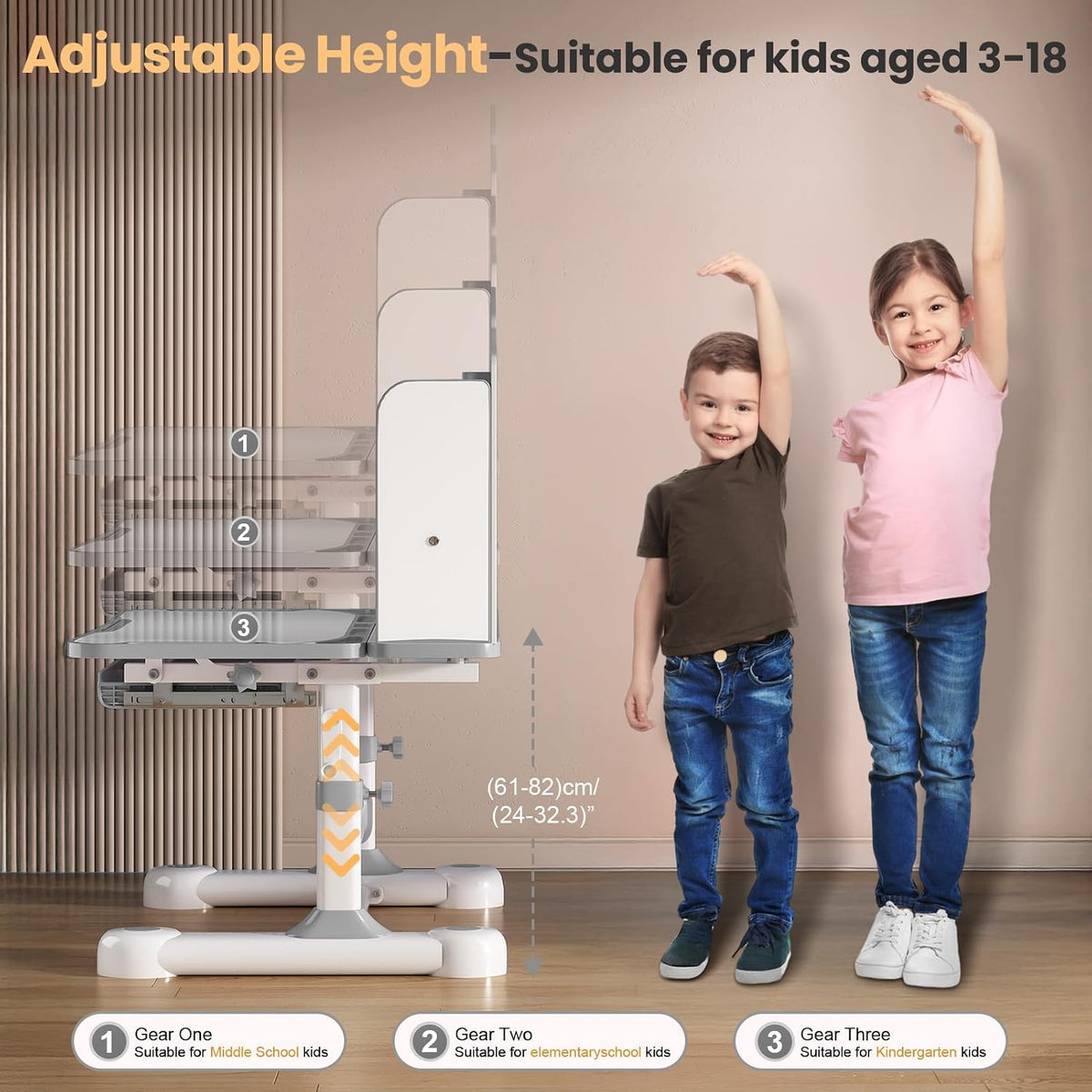 Grey Crank‑Adjustable Kids Desk‑Chair Set