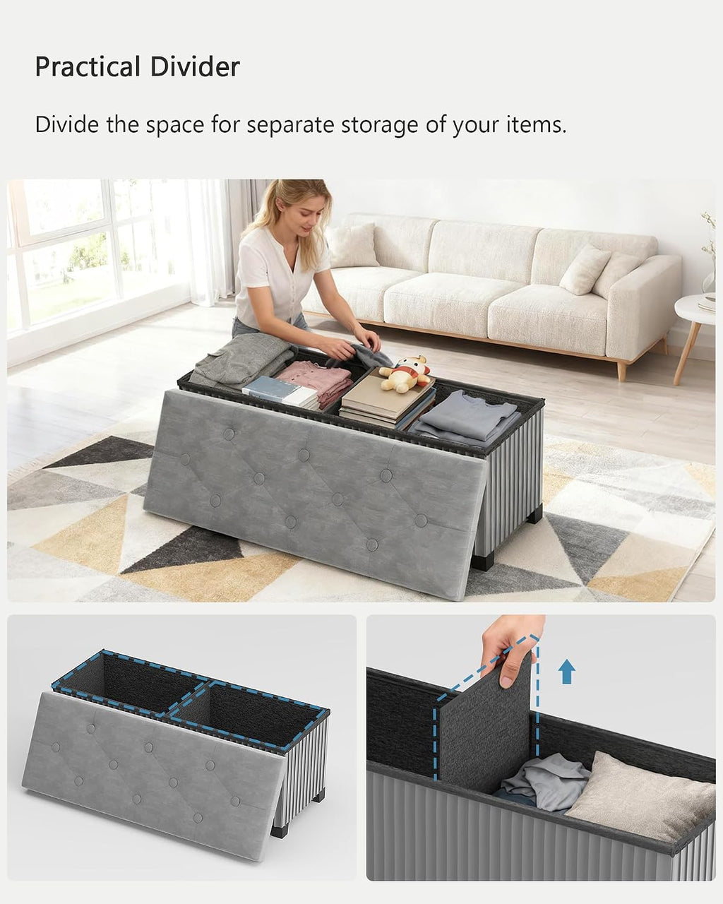 Grey Velvet Storage Ottoman Bench