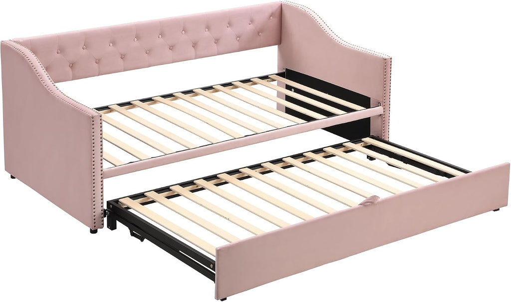 Pink Velvet Twin Daybed with Pop‑Up Trundle
