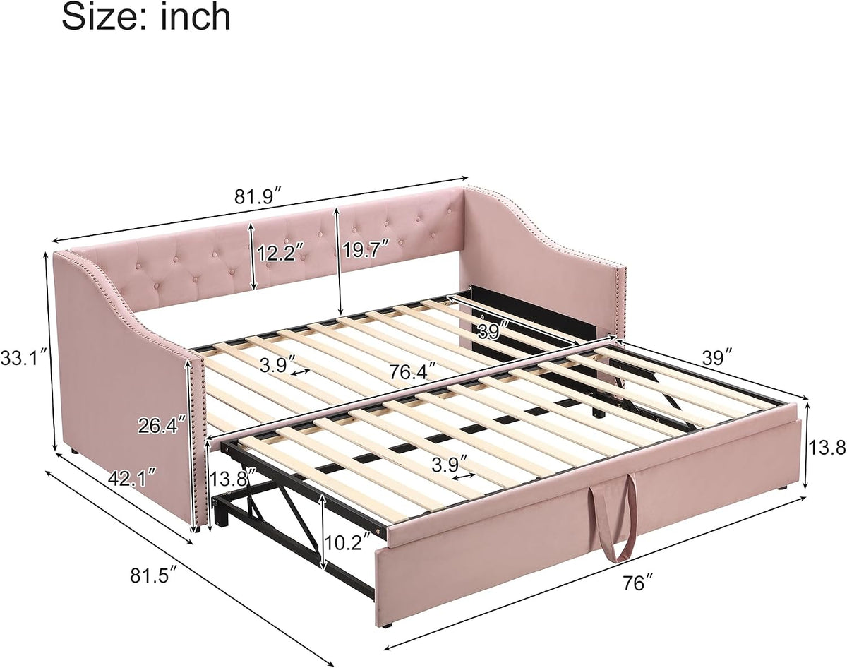 Pink Velvet Twin Daybed with Pop‑Up Trundle