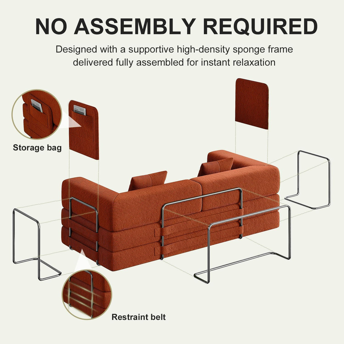 Orange Convertible Boneless Sofa Bed