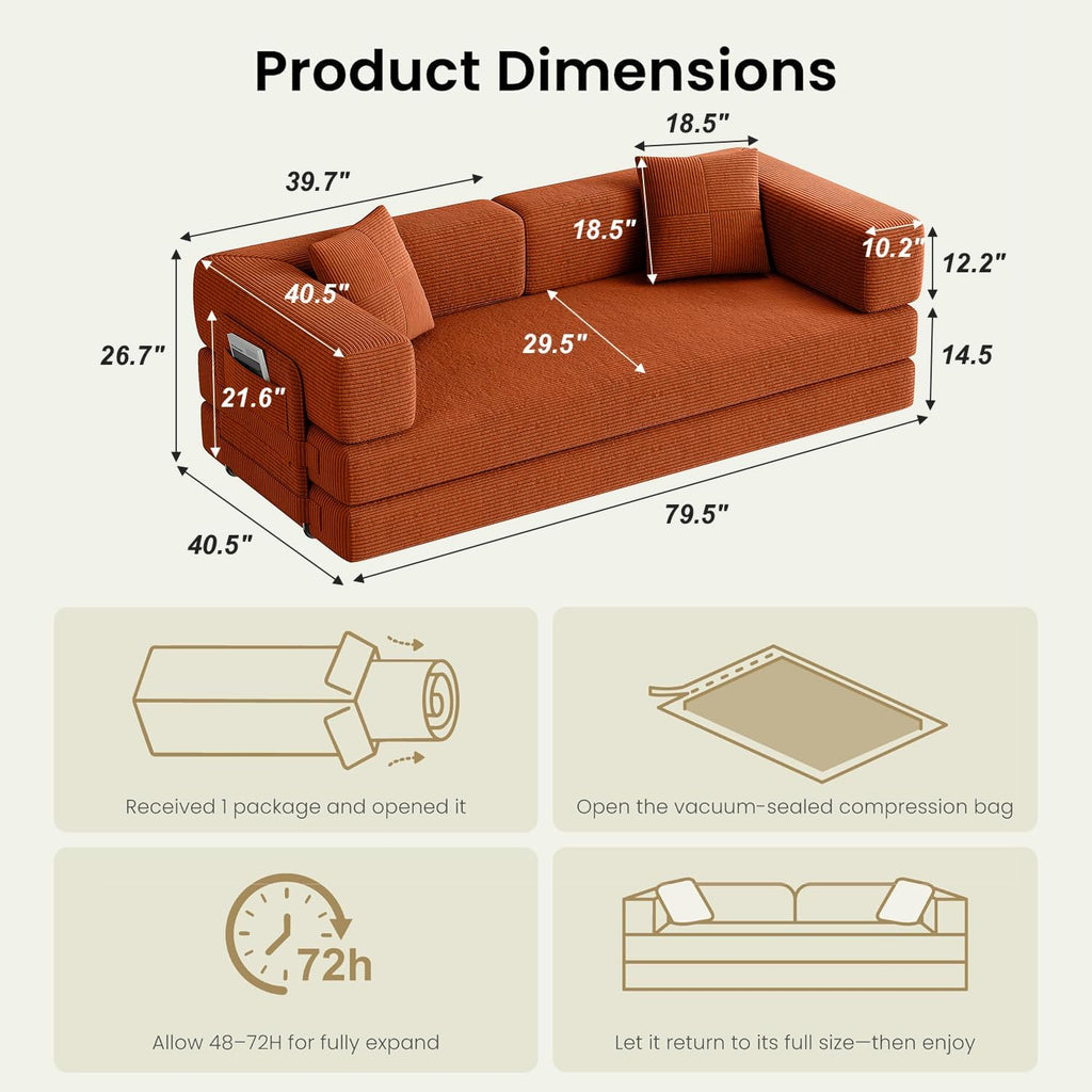 Orange Convertible Boneless Sofa Bed