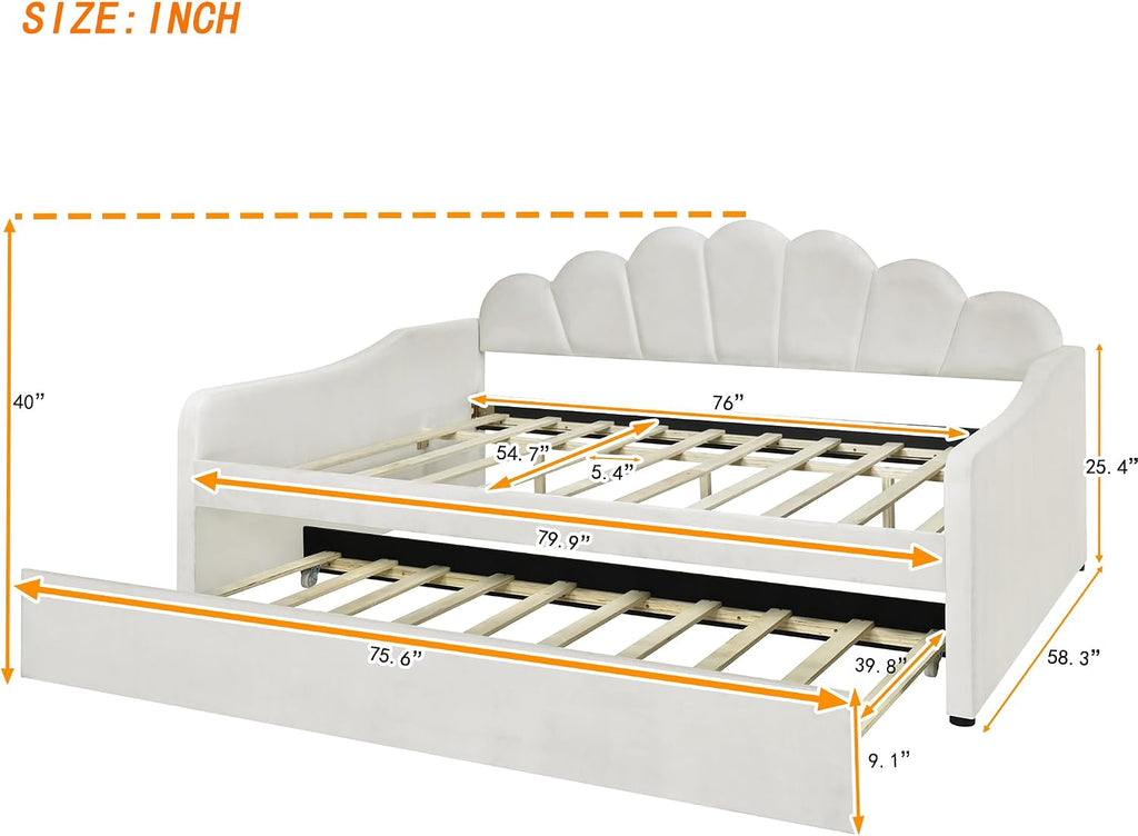 Beige Velvet Full Daybed with Trundle