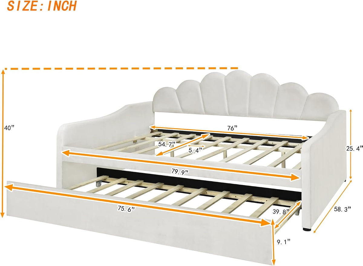 Beige Velvet Full Daybed with Trundle