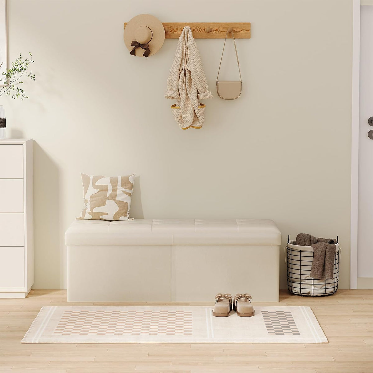 Ivory Foldable Storage Ottoman Bench