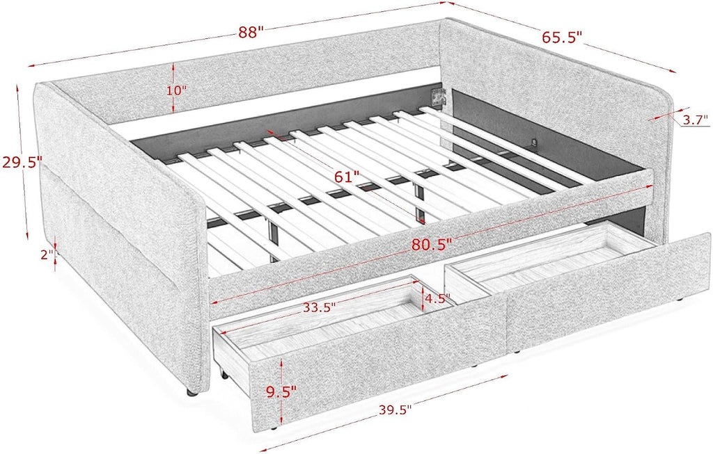 Beige Boucle Queen Daybed with 2 Drawers