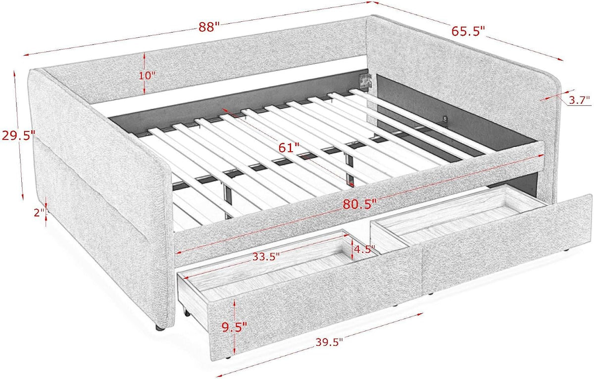 Beige Boucle Queen Daybed with 2 Drawers