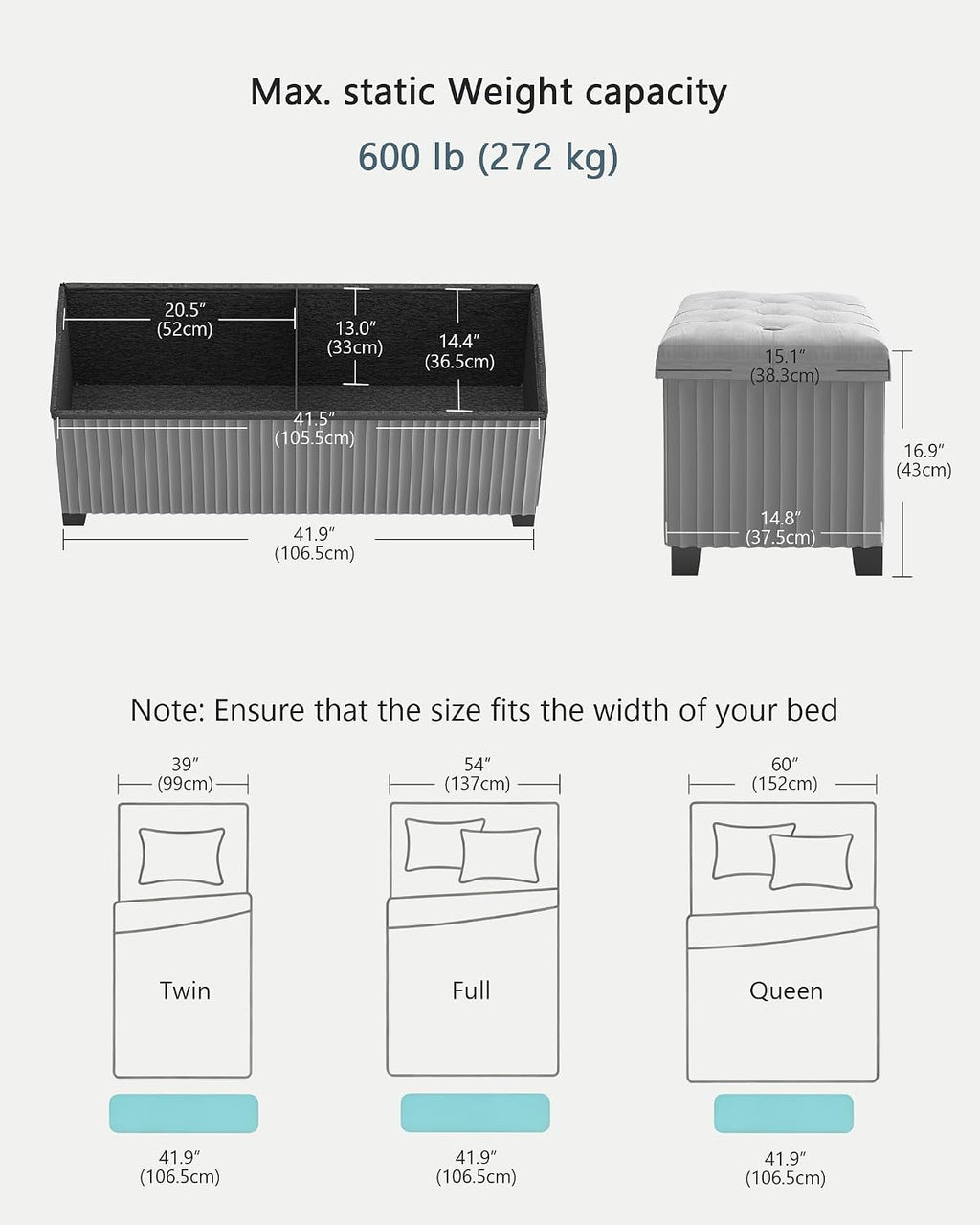 Grey Velvet Storage Ottoman Bench