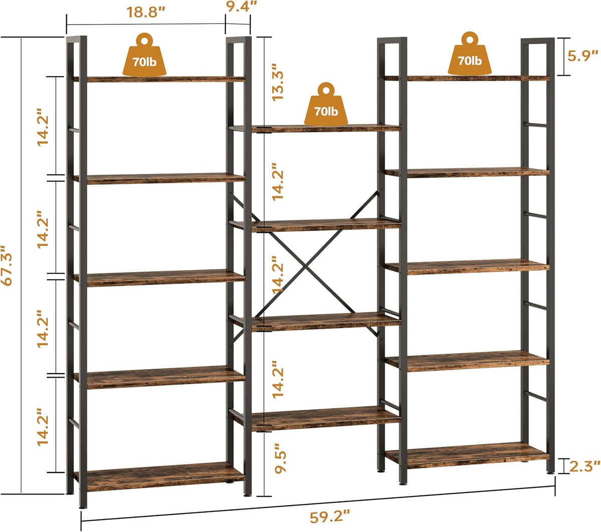 Rustic Industrial Wide Bookcase