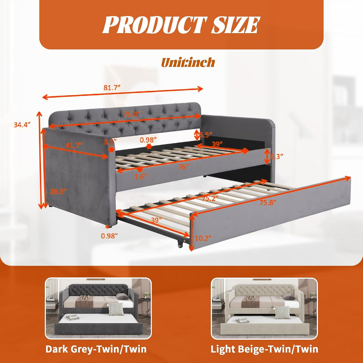 Dark Grey Velvet Twin Daybed with Trundle & USB