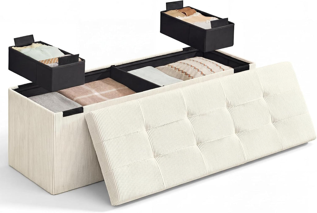 Light White Corduroy Storage Ottoman