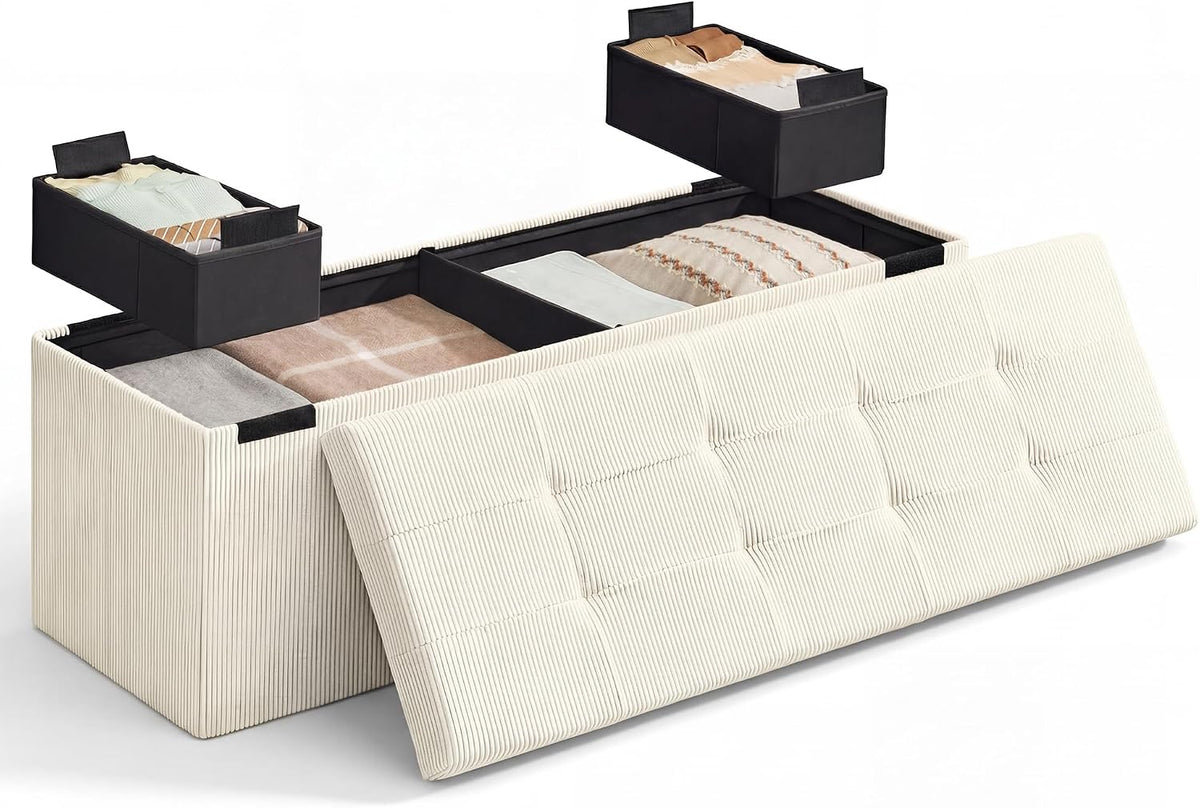Light White Corduroy Storage Ottoman