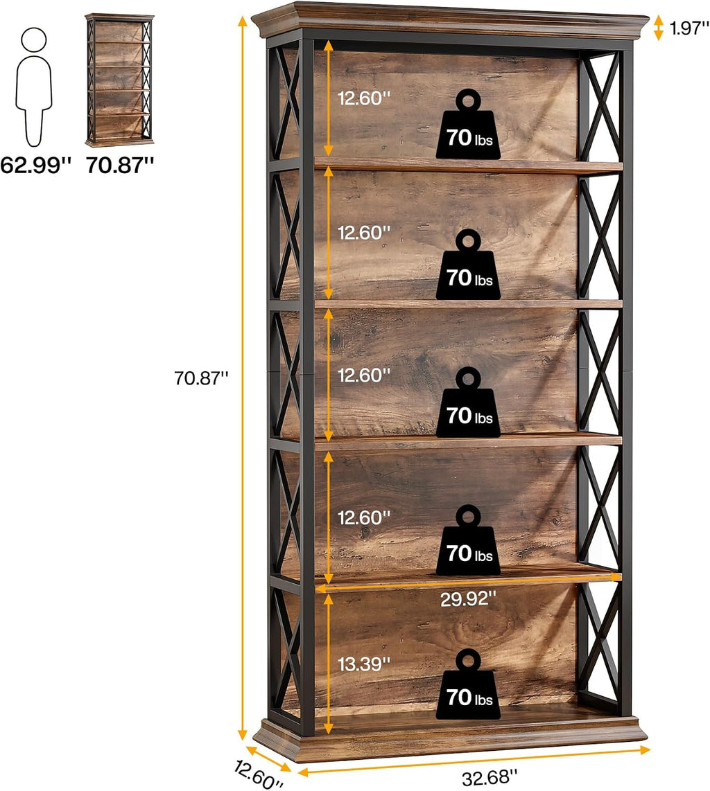 Industrial Wood‑Metal 6‑Tier Bookcase