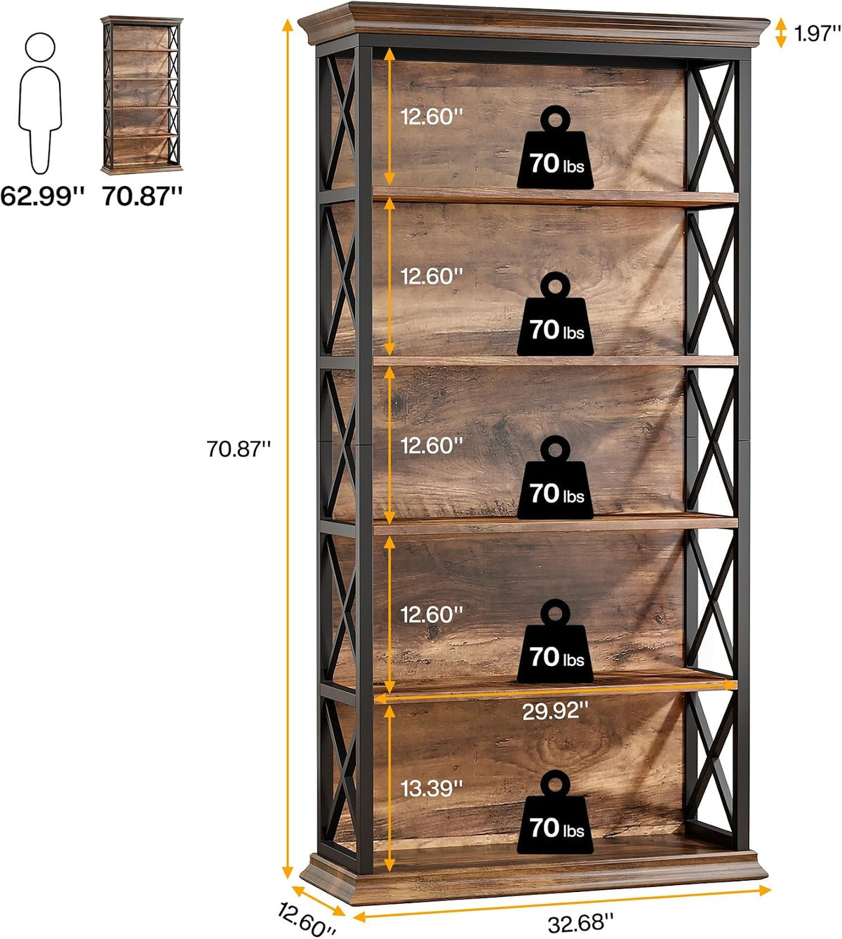 Industrial Wood‑Metal 6‑Tier Bookcase