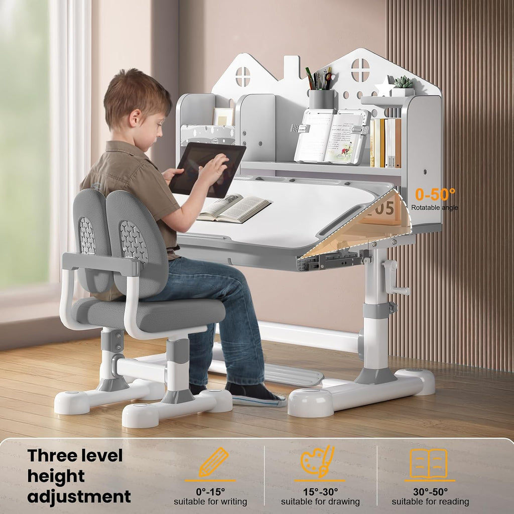 Grey Crank‑Adjustable Kids Desk‑Chair Set