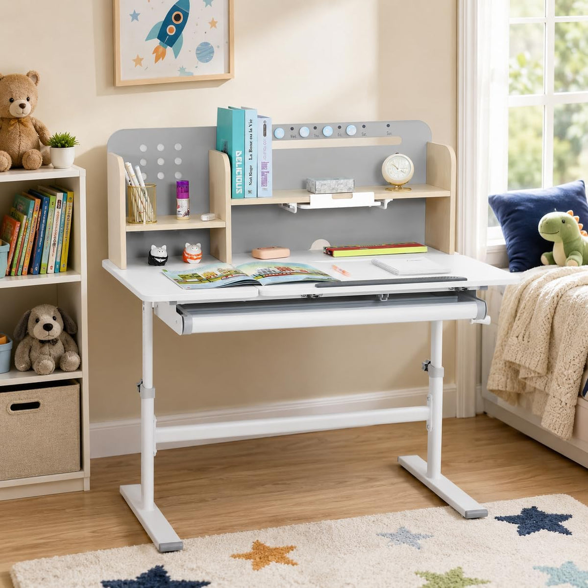 Gray Tilting Kids Study Desk with Hutch