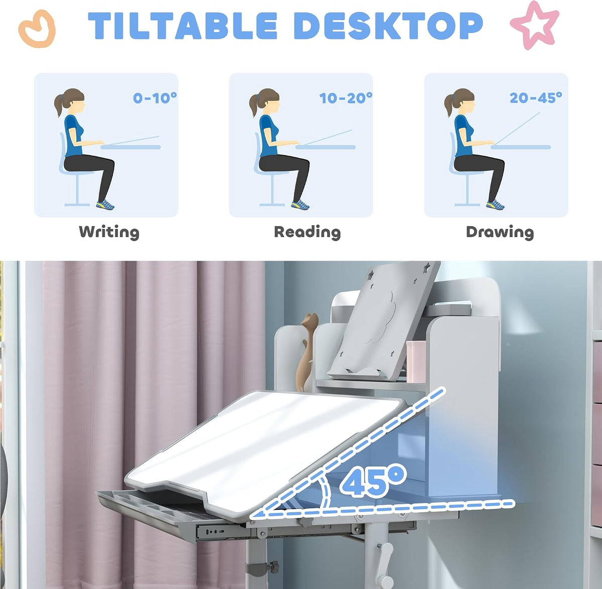 Gray Height‑Adjustable Kids Desk Set