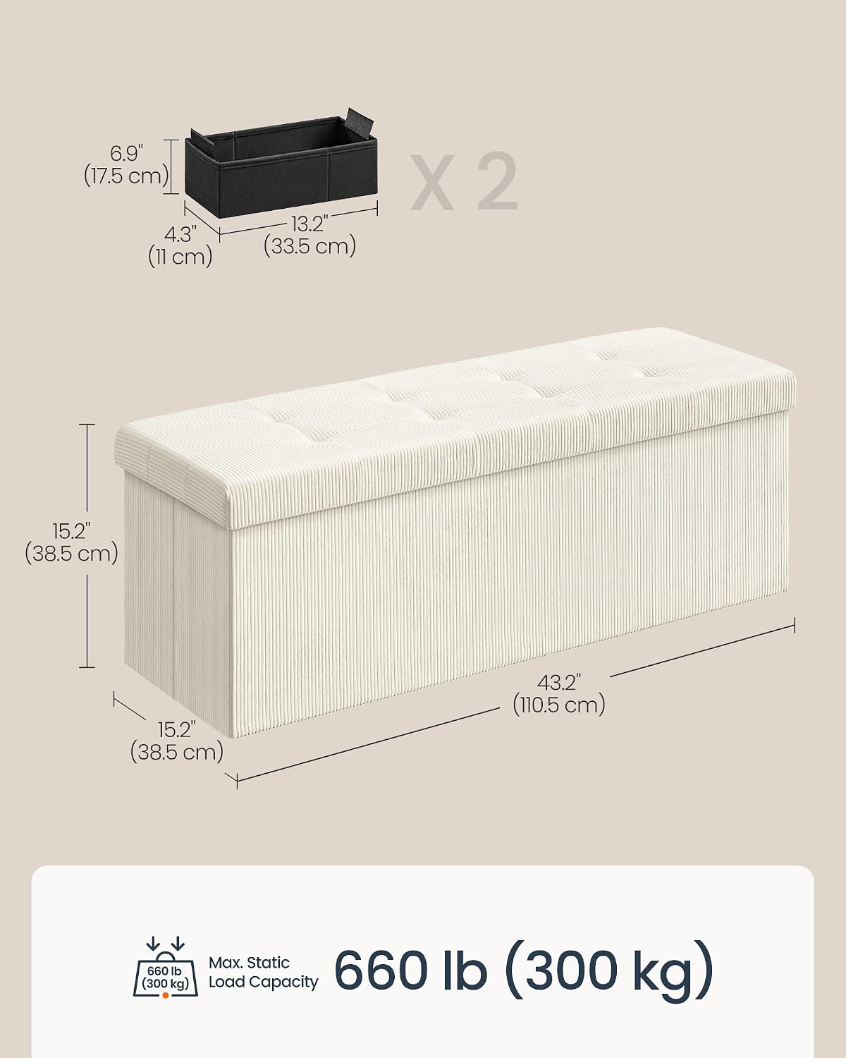 Light White Corduroy Storage Ottoman