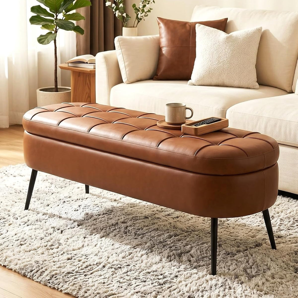 Brown PU Tufted Storage Ottoman
