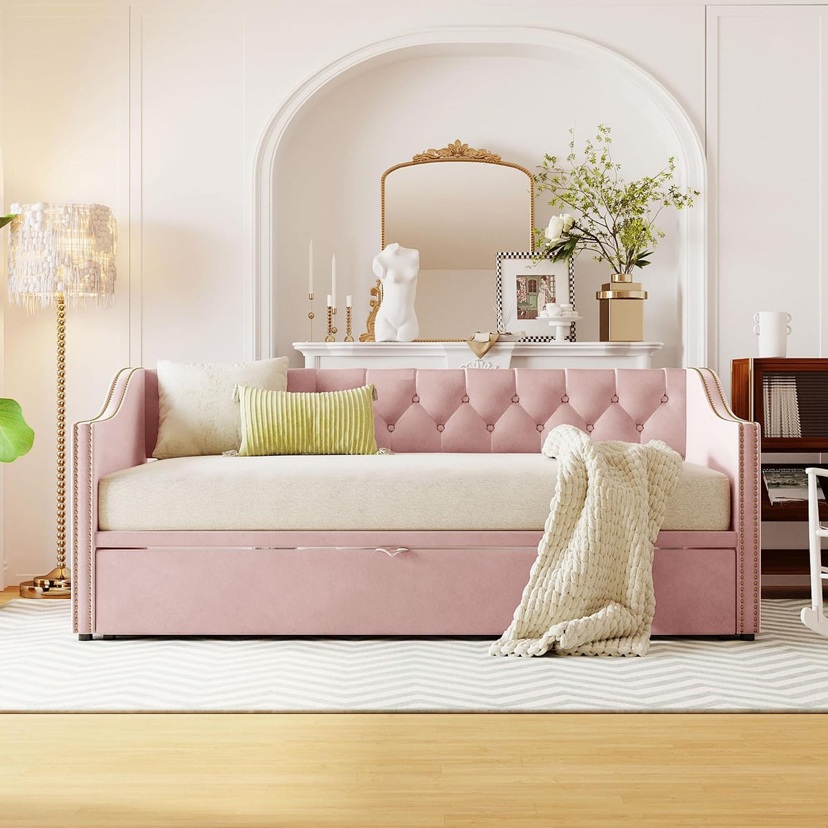 Pink Velvet Twin Daybed with Pop‑Up Trundle