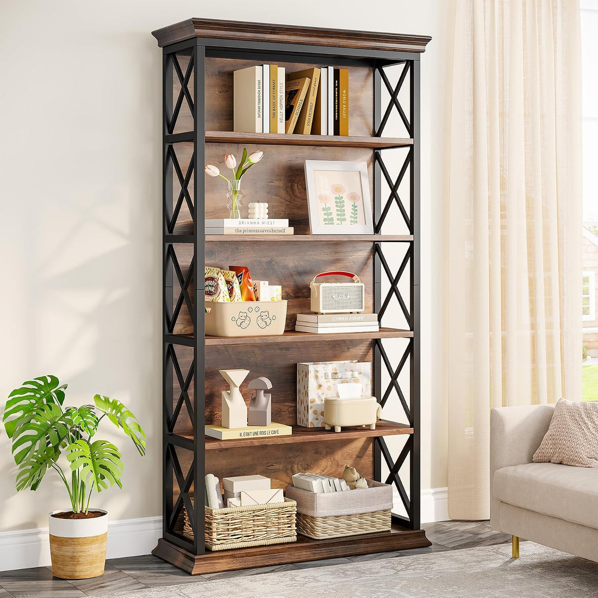 Industrial Wood‑Metal 6‑Tier Bookcase