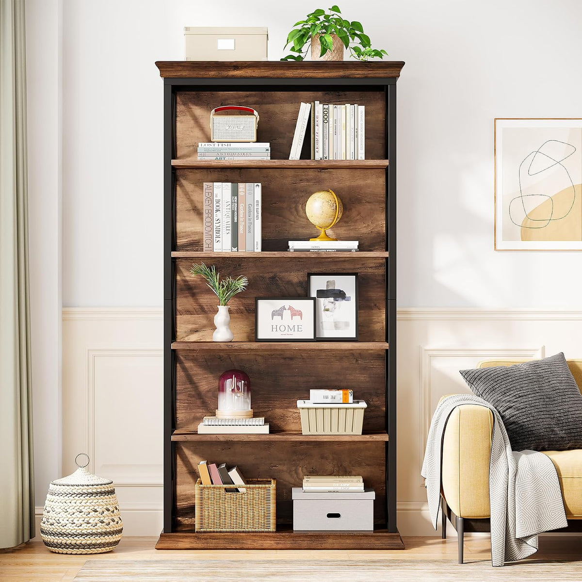 Industrial Wood‑Metal 6‑Tier Bookcase