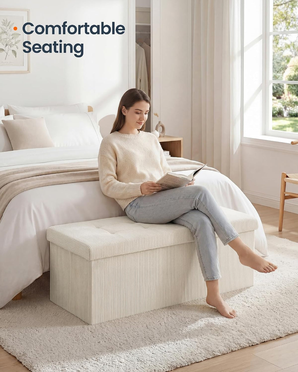 Light White Corduroy Storage Ottoman