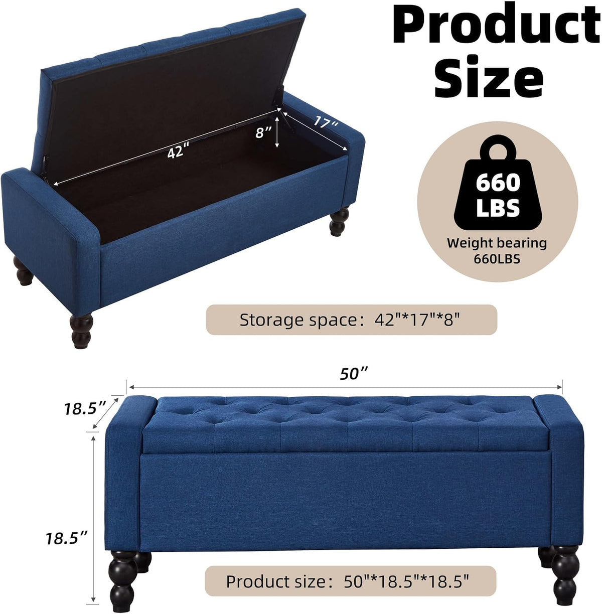 Blue Tufted Storage Ottoman Bench