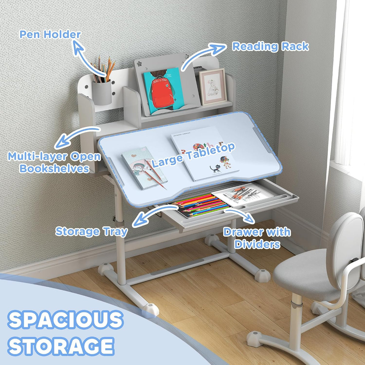 Gray Height‑Adjustable Kids Desk Set