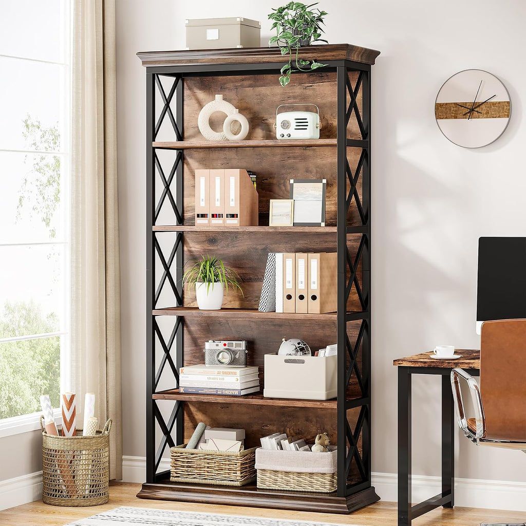 Industrial Wood‑Metal 6‑Tier Bookcase