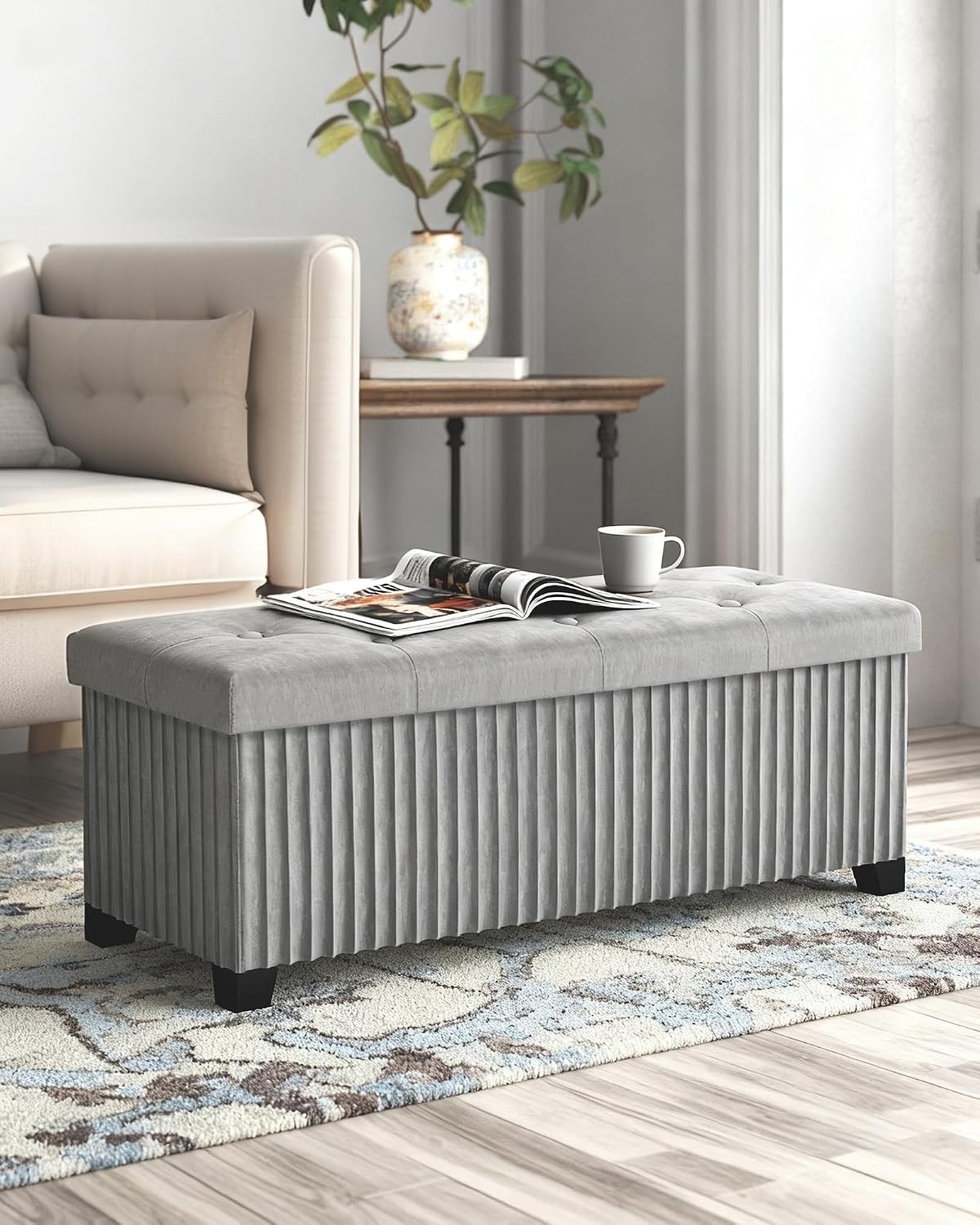 Grey Velvet Storage Ottoman Bench