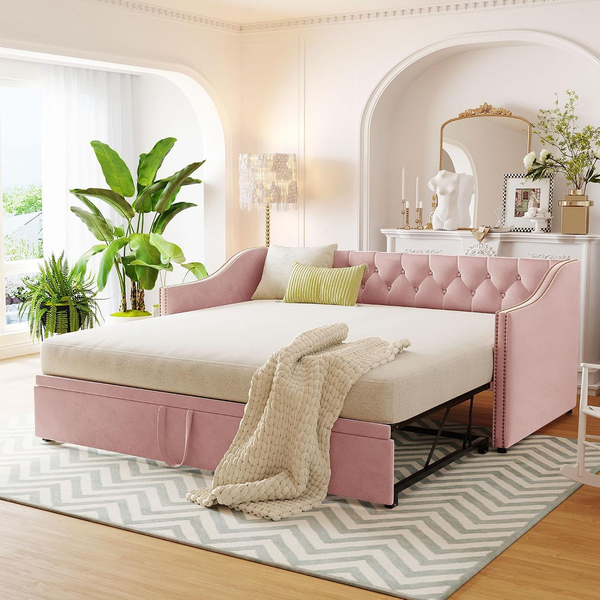 Pink Velvet Twin Daybed with Pop‑Up Trundle