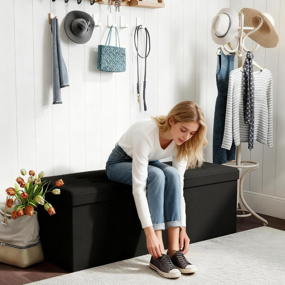Black Folding Storage Ottoman Bench