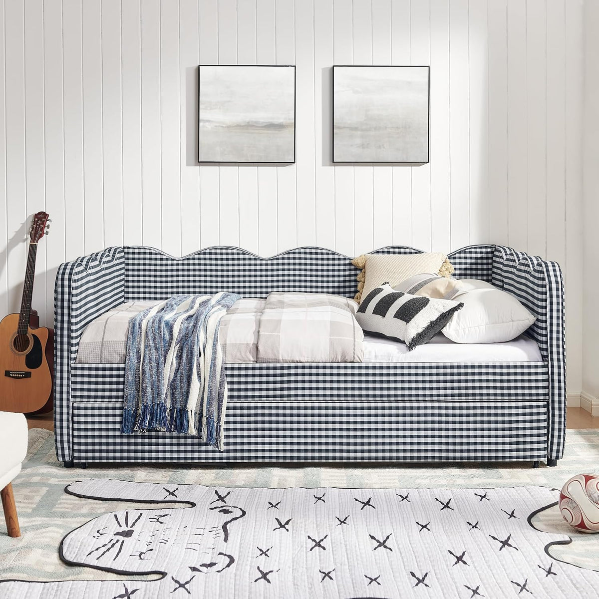Navy Linen Full‑to‑King Daybed with Trundle & USB