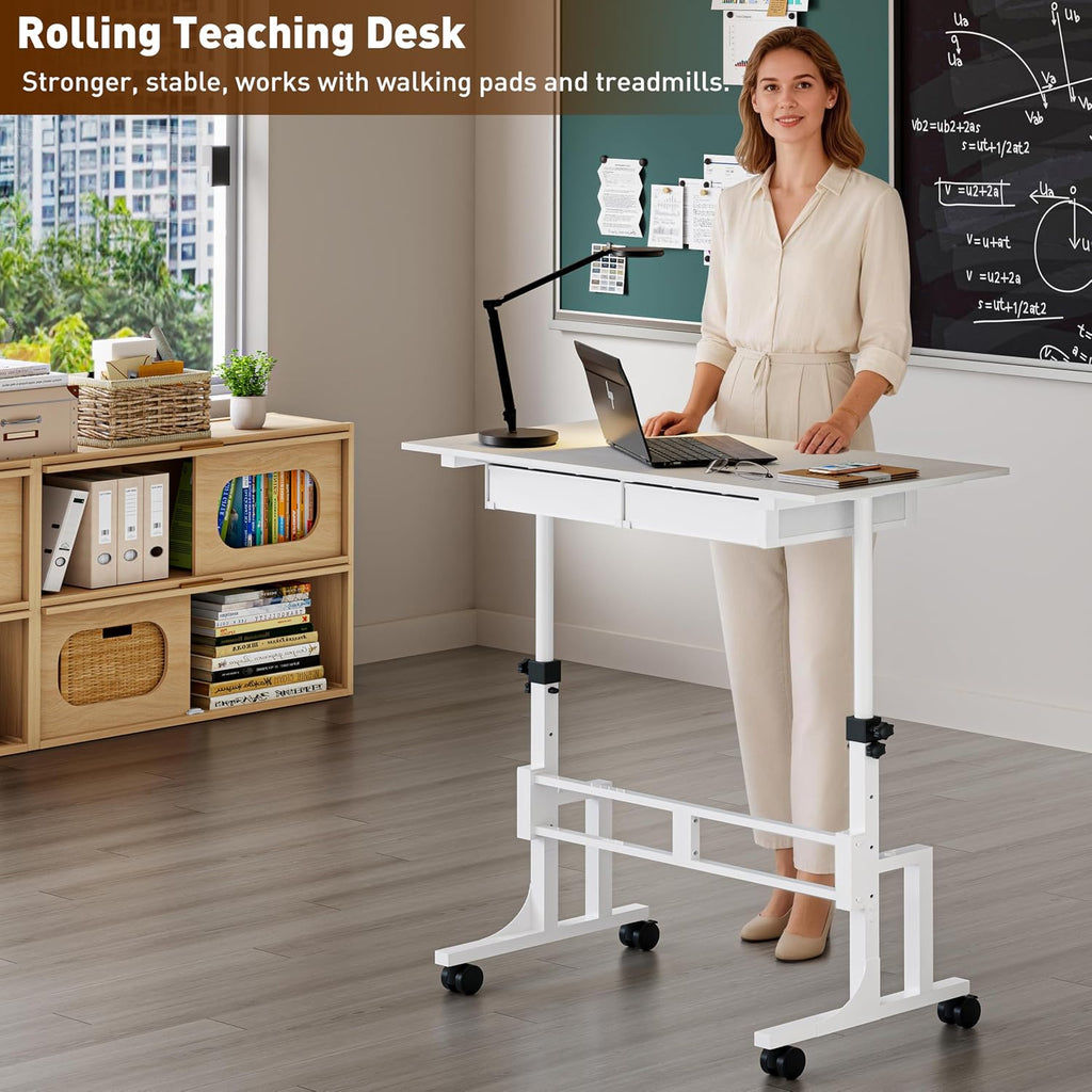 White Rolling Drawer Standing Desk