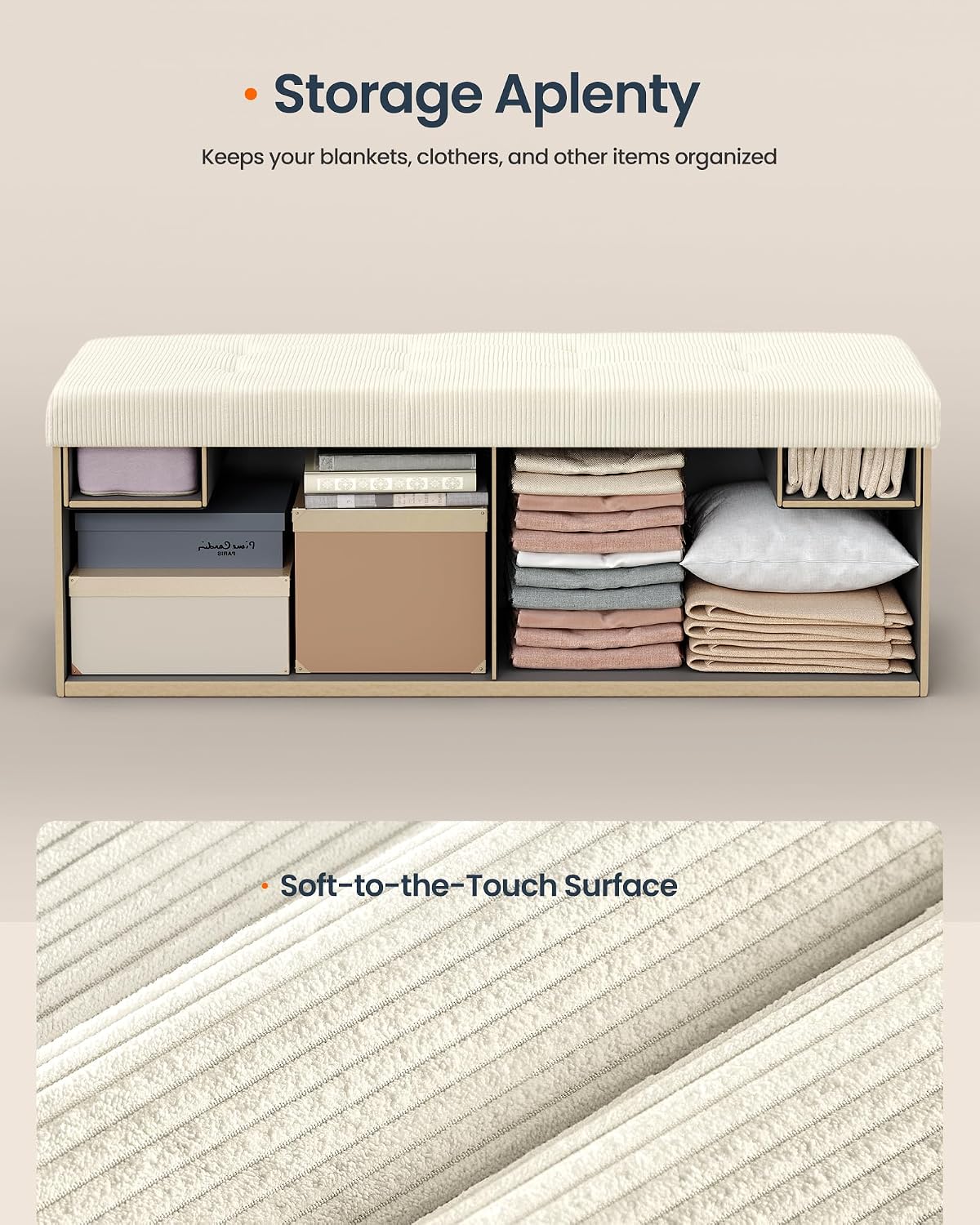 Light White Corduroy Storage Ottoman