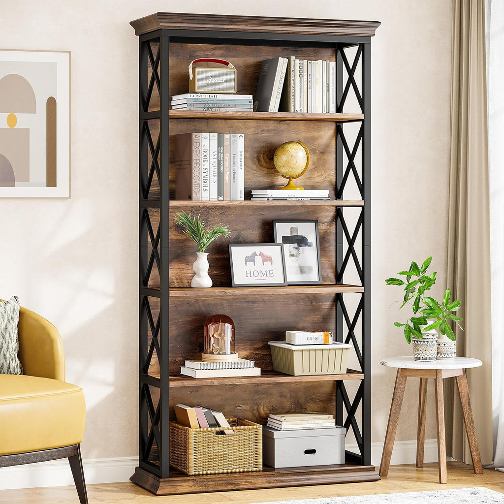Industrial Wood‑Metal 6‑Tier Bookcase