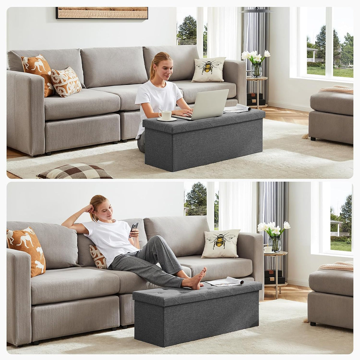 Grey Folding Storage Ottoman Bench