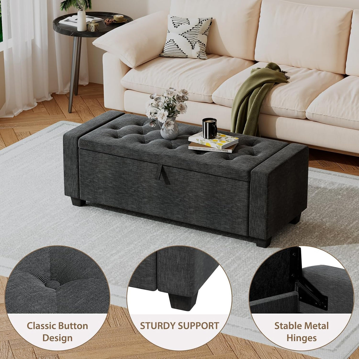Dark Gray Storage Ottoman Bench