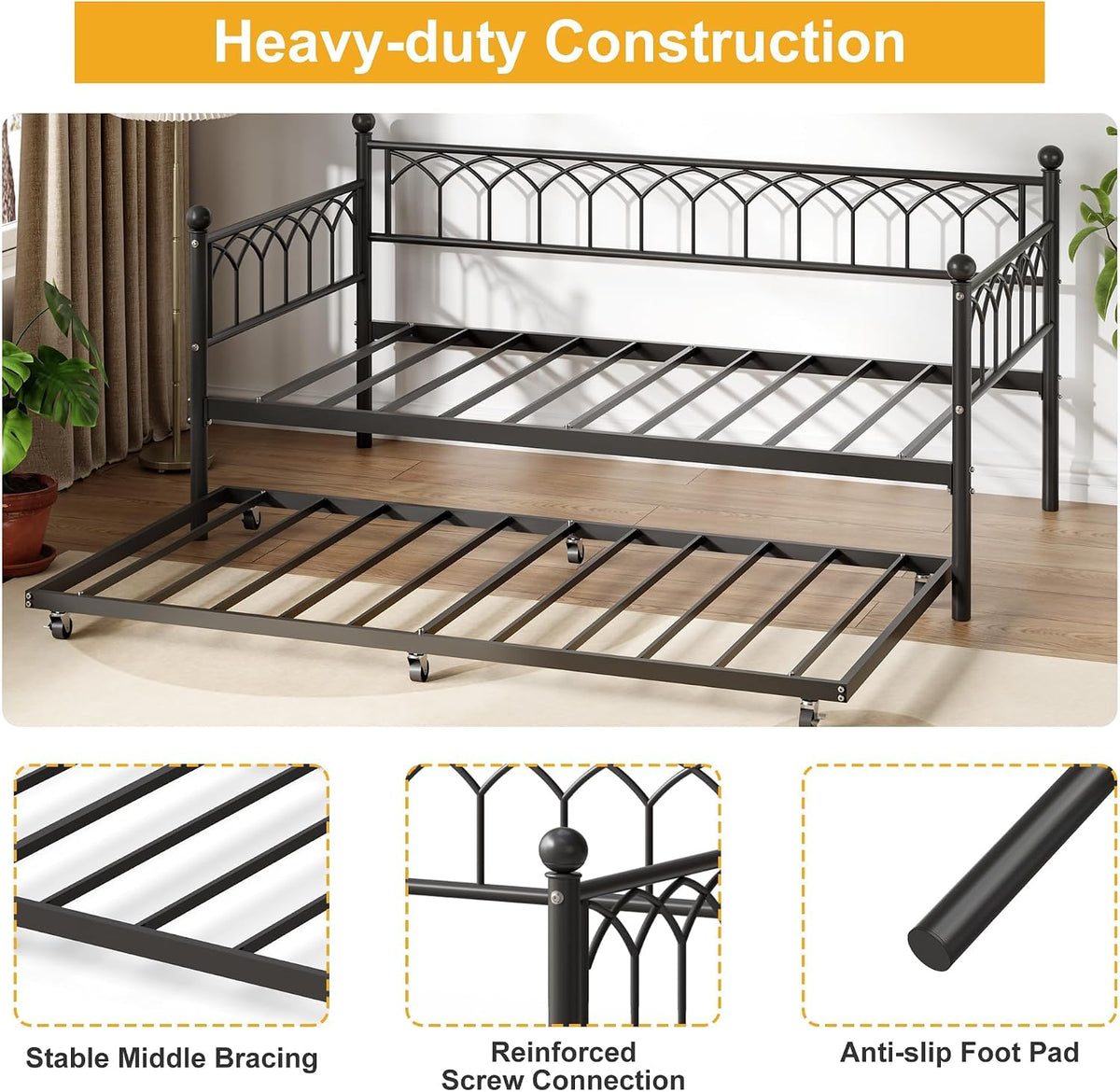 Black Twin Daybed with Pull‑Out Trundle