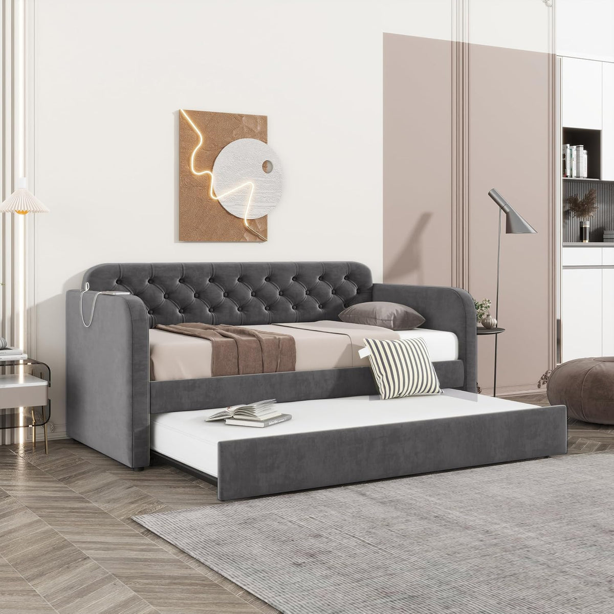 Dark Grey Velvet Twin Daybed with Trundle & USB