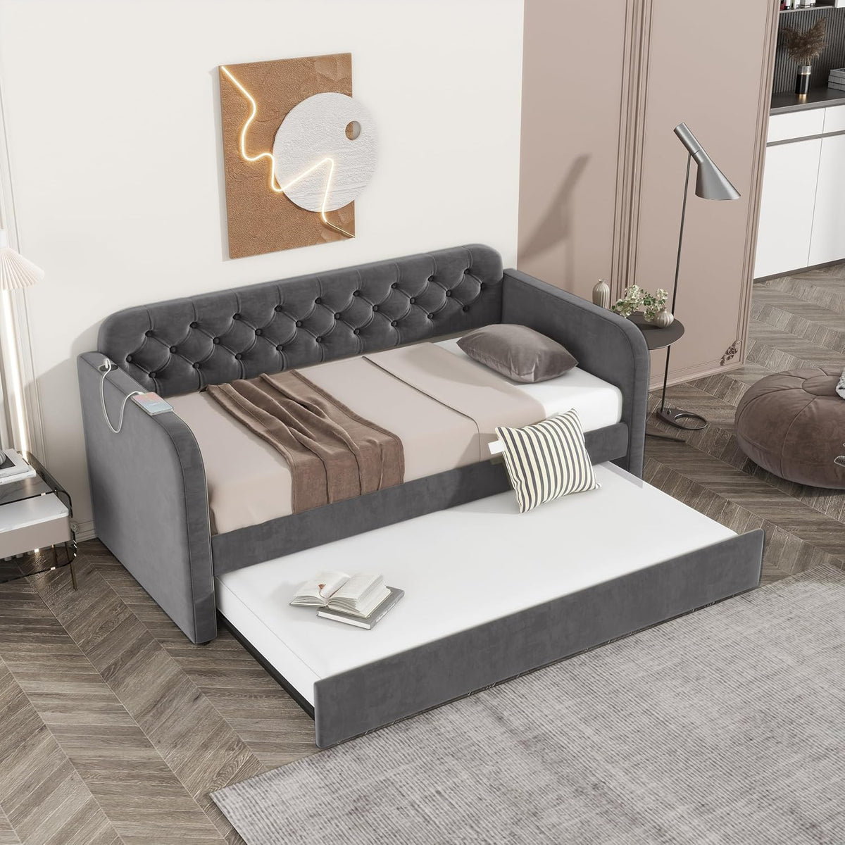 Dark Grey Velvet Twin Daybed with Trundle & USB